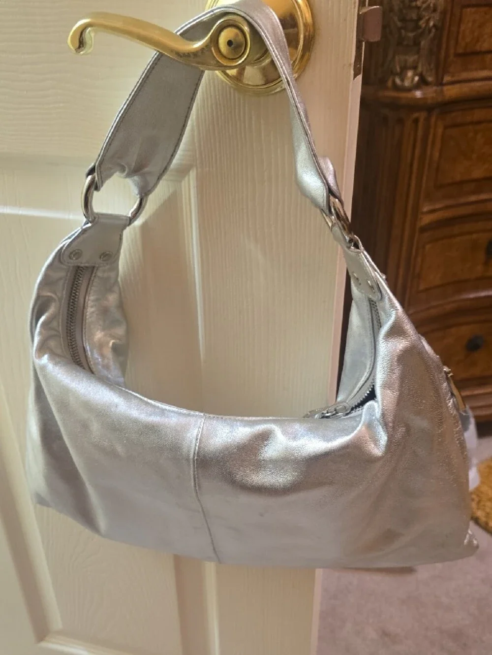 HOBO Silver Metallic Shoulder Hobo Bag (Top & 1 Side Zip)